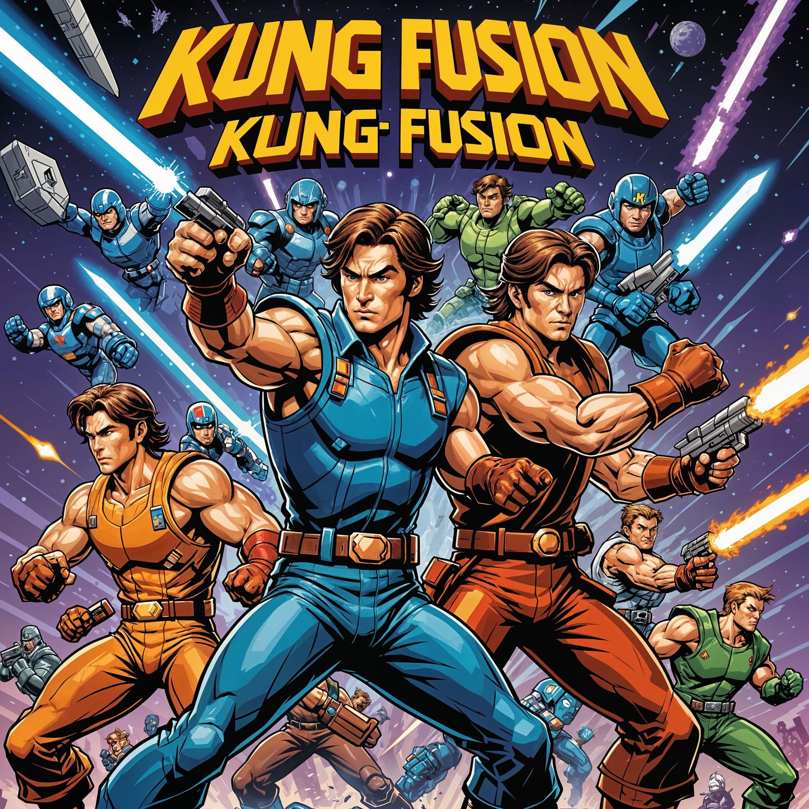 Retro Game Cover: Pixelated Fighters in Comic Style