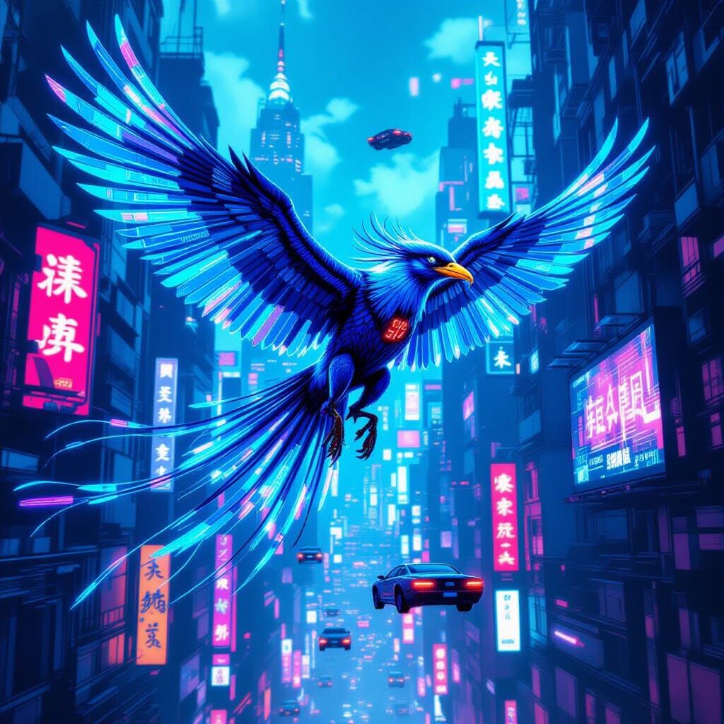 Cyberpunk Archaeopteryx Soaring Above Neon Metropolis