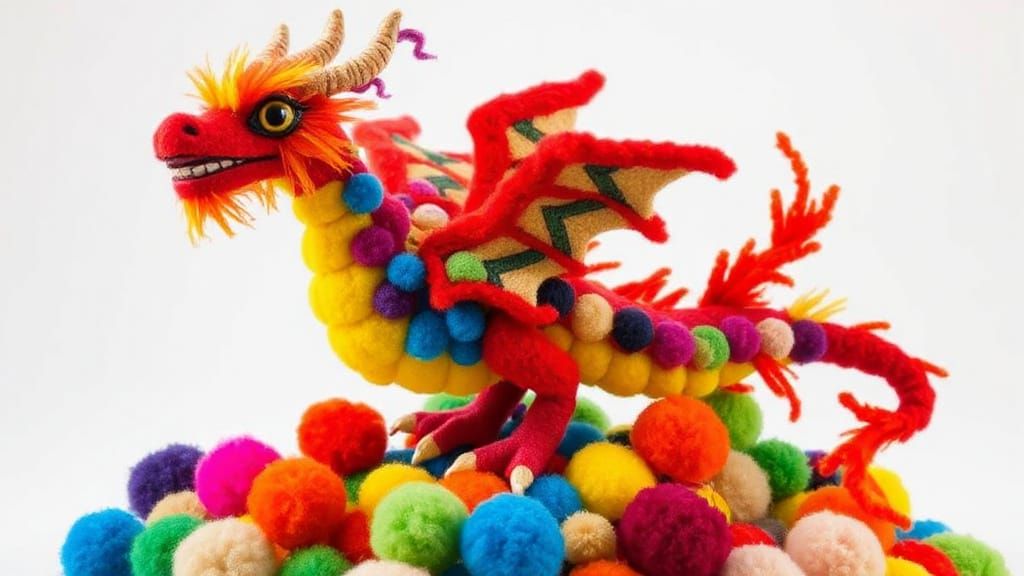 Pom-Pom Dragon-Bird on Mountain, Folk Art Style