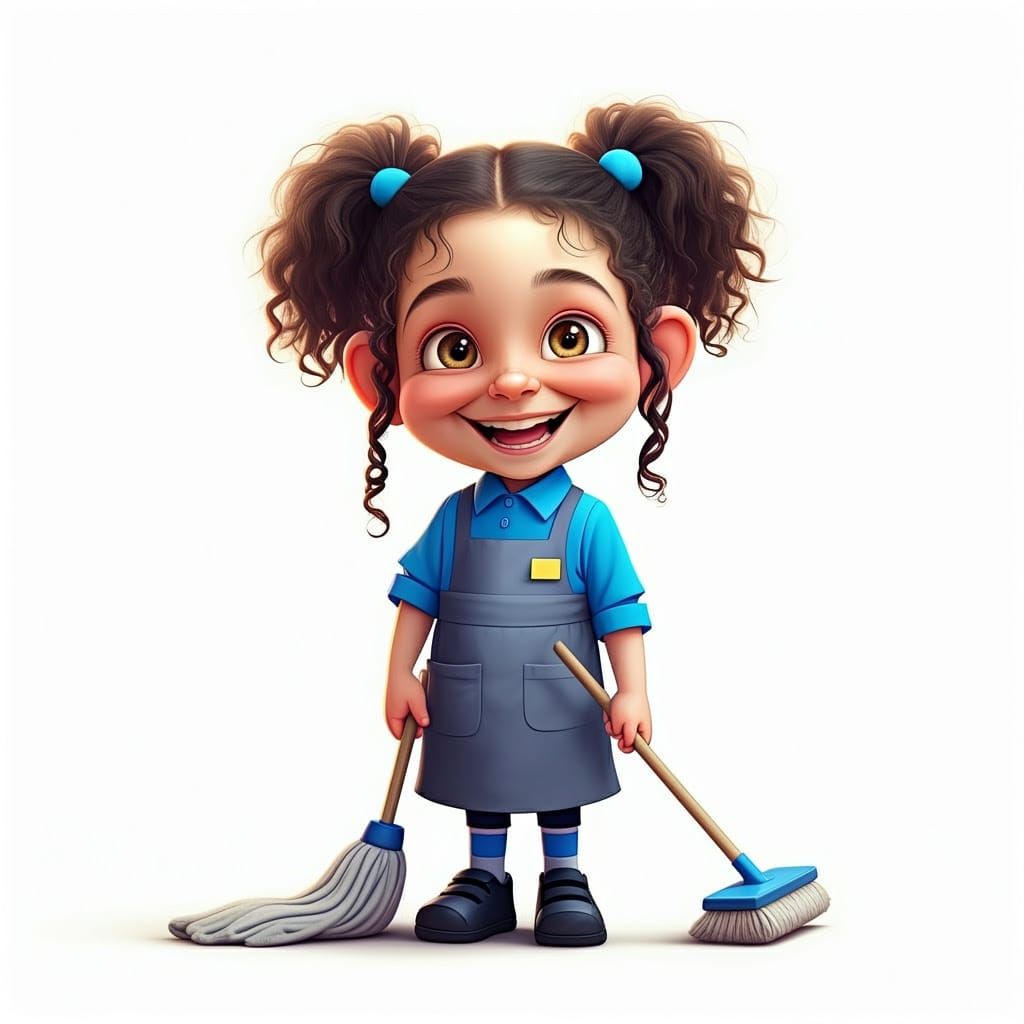 Haredi Girl in Cleaner's Uniform, Exaggerated 3D Style
