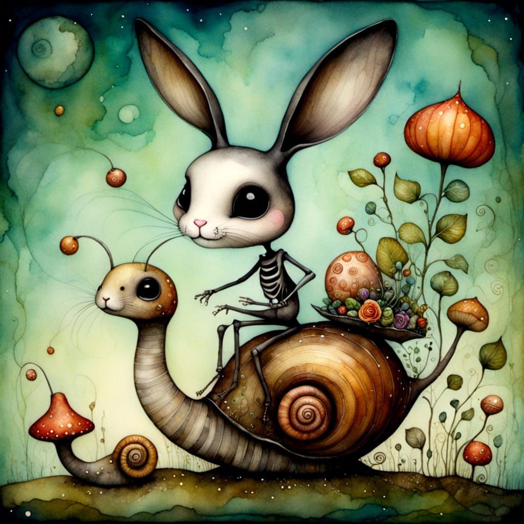 Skeleton Rabbit Rides Snail in Botanical Garden
