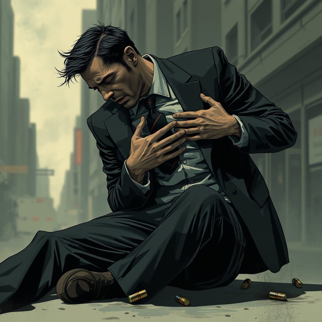 Man Collapses in Gritty Cyberpunk Cityscape