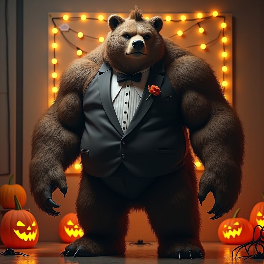 Hunky Bear Monster Poses for Halloween Prom Photo