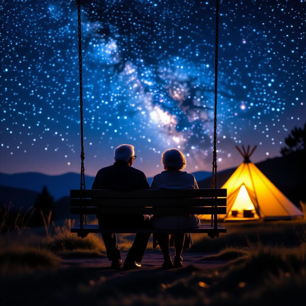 Elderly Couple on Swing Under Epic Starry Sky