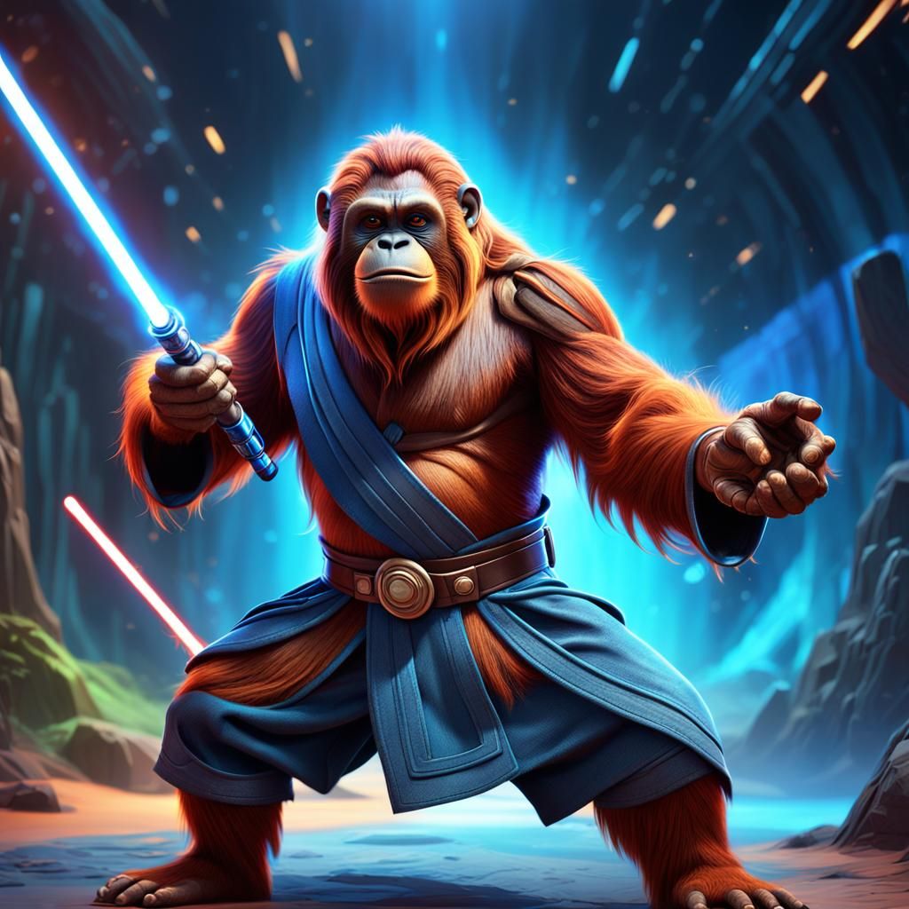 Orangutan Jedi Knight with Lightsaber, Pixar-style 3D Render
