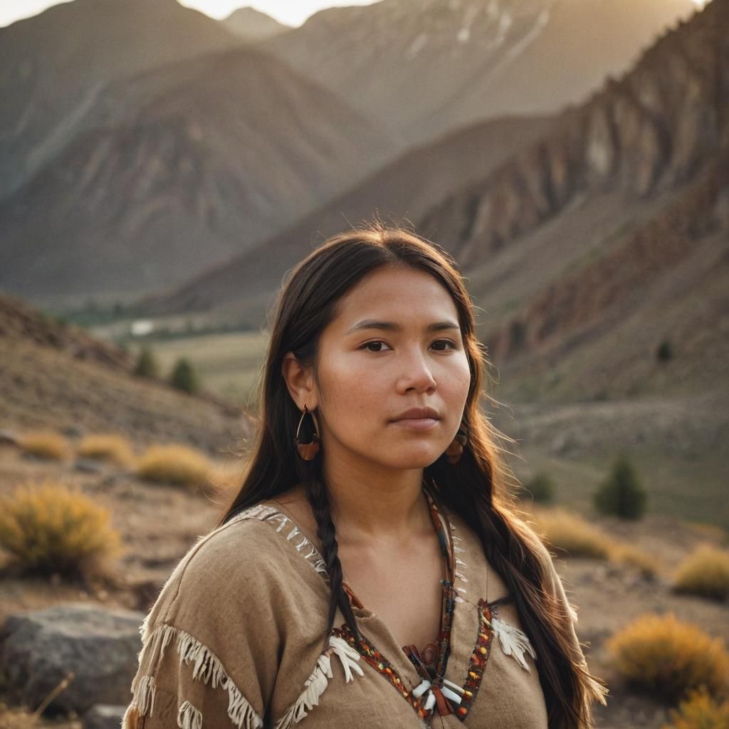 Native American Woman Portrait in Mountain Landscape