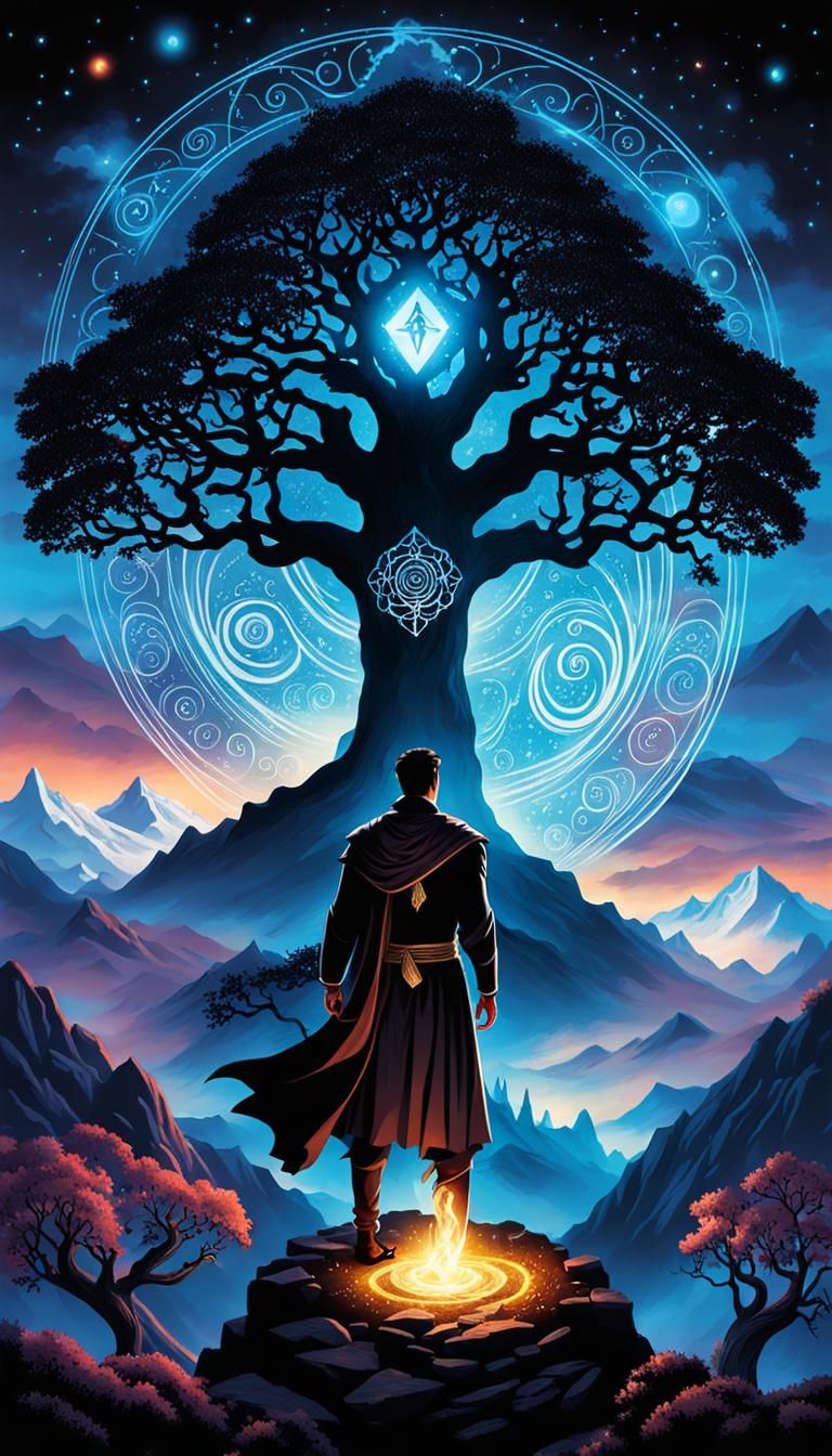 Mysterious Sorcerer Conjuring Spell on Mountain Top