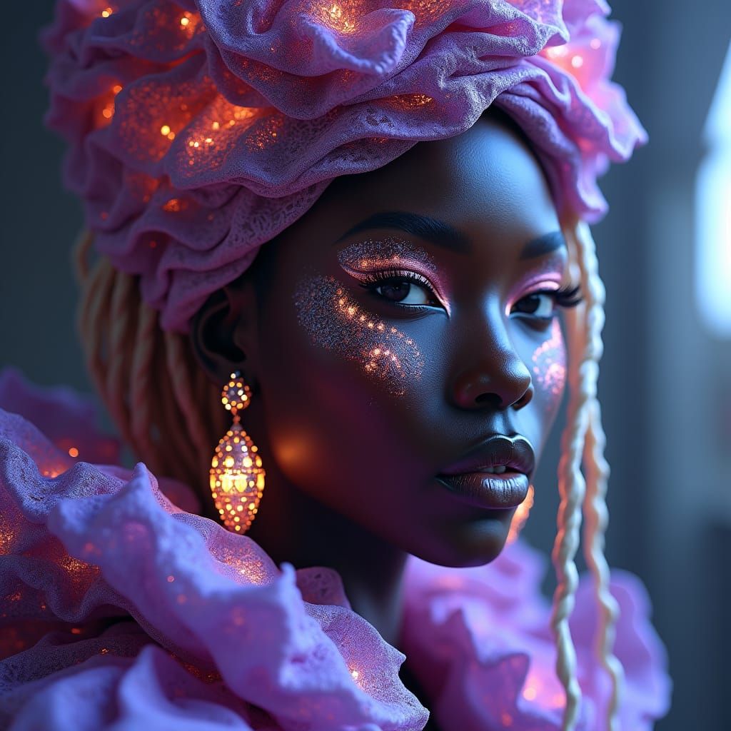 Stunning Woman in Intricate Purple Attire: Hyperrealistic Po...