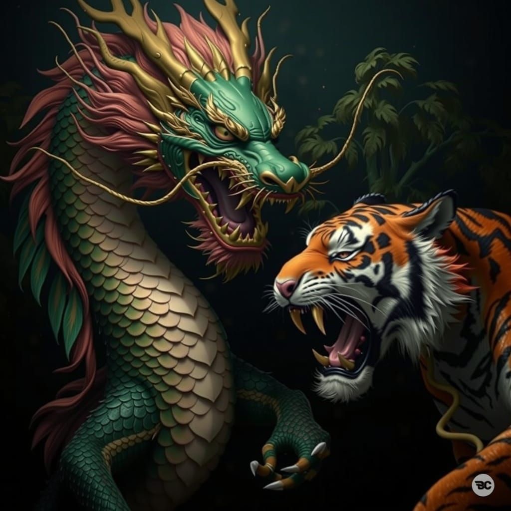 Chinese Dragon and Bengal Tiger Clash in Photorealistic Styl...