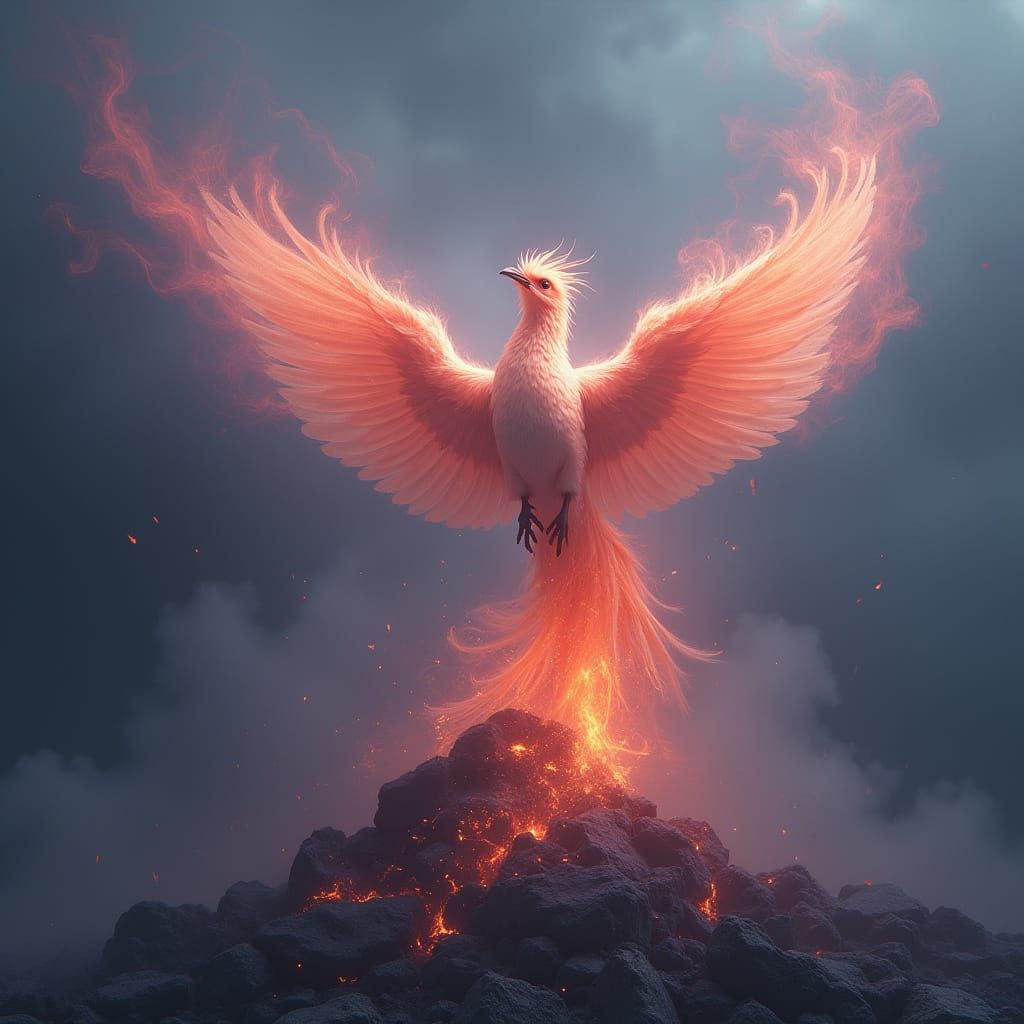 Phoenix Rising from Ashes in Dreamlike Style