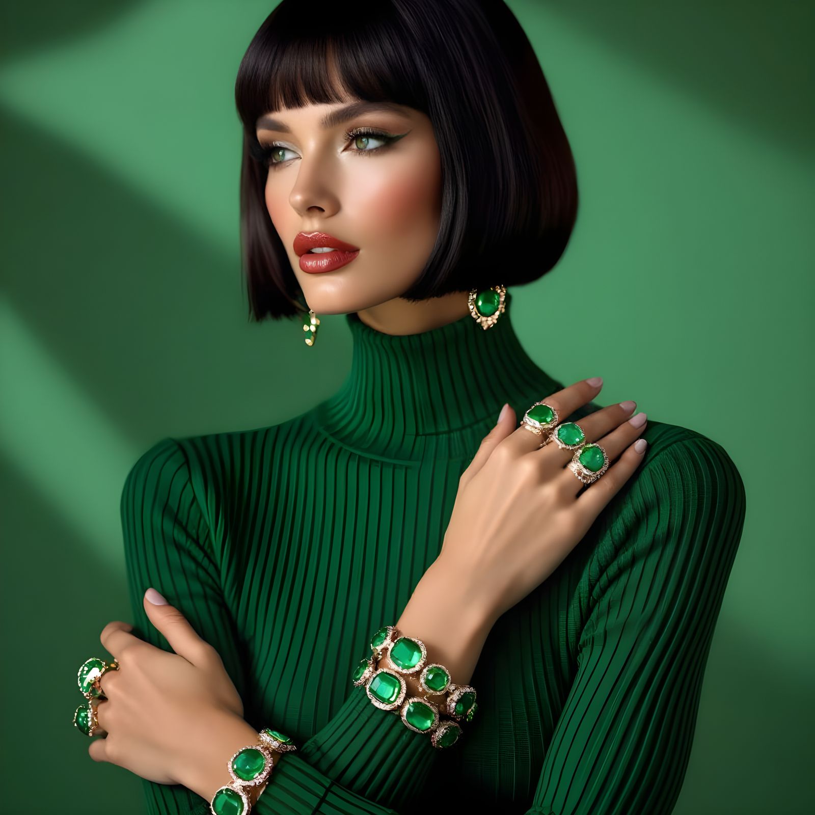 Elegant Woman in Emerald Green Knit Top with Statement Jewel...
