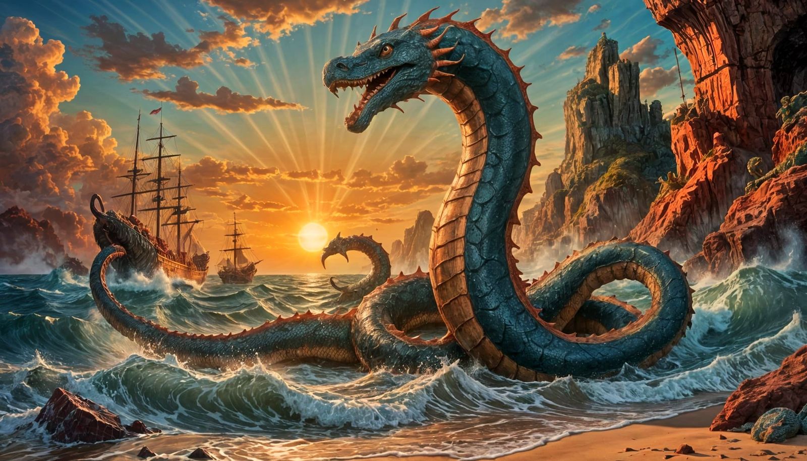 Giant Sea Serpent on Coast in Oil Glazing Technique