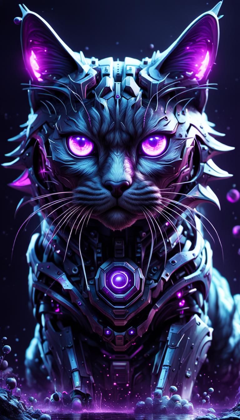 Cybernetic Cat with Glowing Eyes in Splash Art