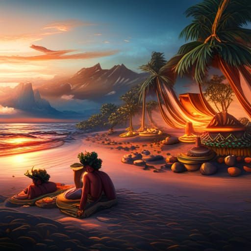 Balinese Gods Enjoying Sunset Beach: Digital Art