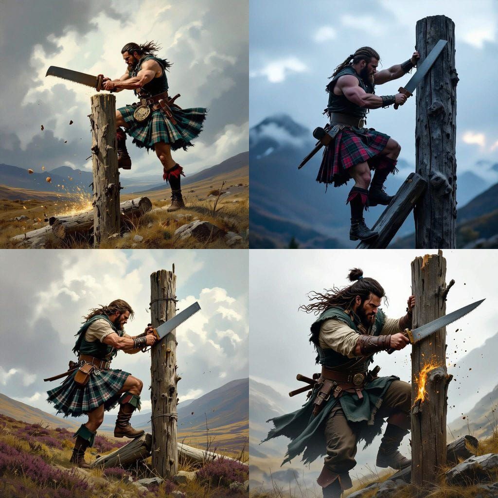 Highlander Man Cuts Down Post with Saw