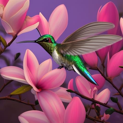 Hummingbird and Magnolia in Art Nouveau Style