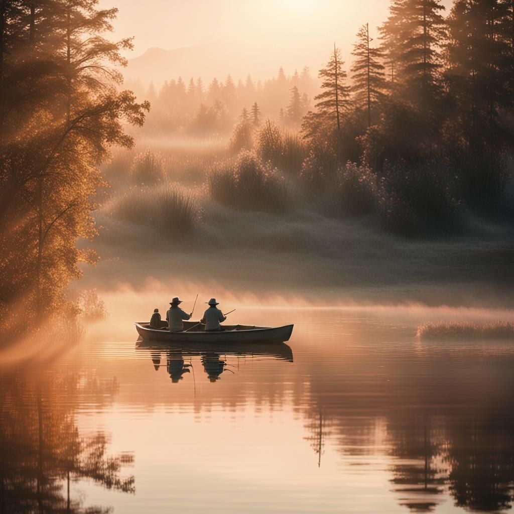Women Fishing at Sunrise: A Cinematic Film Still