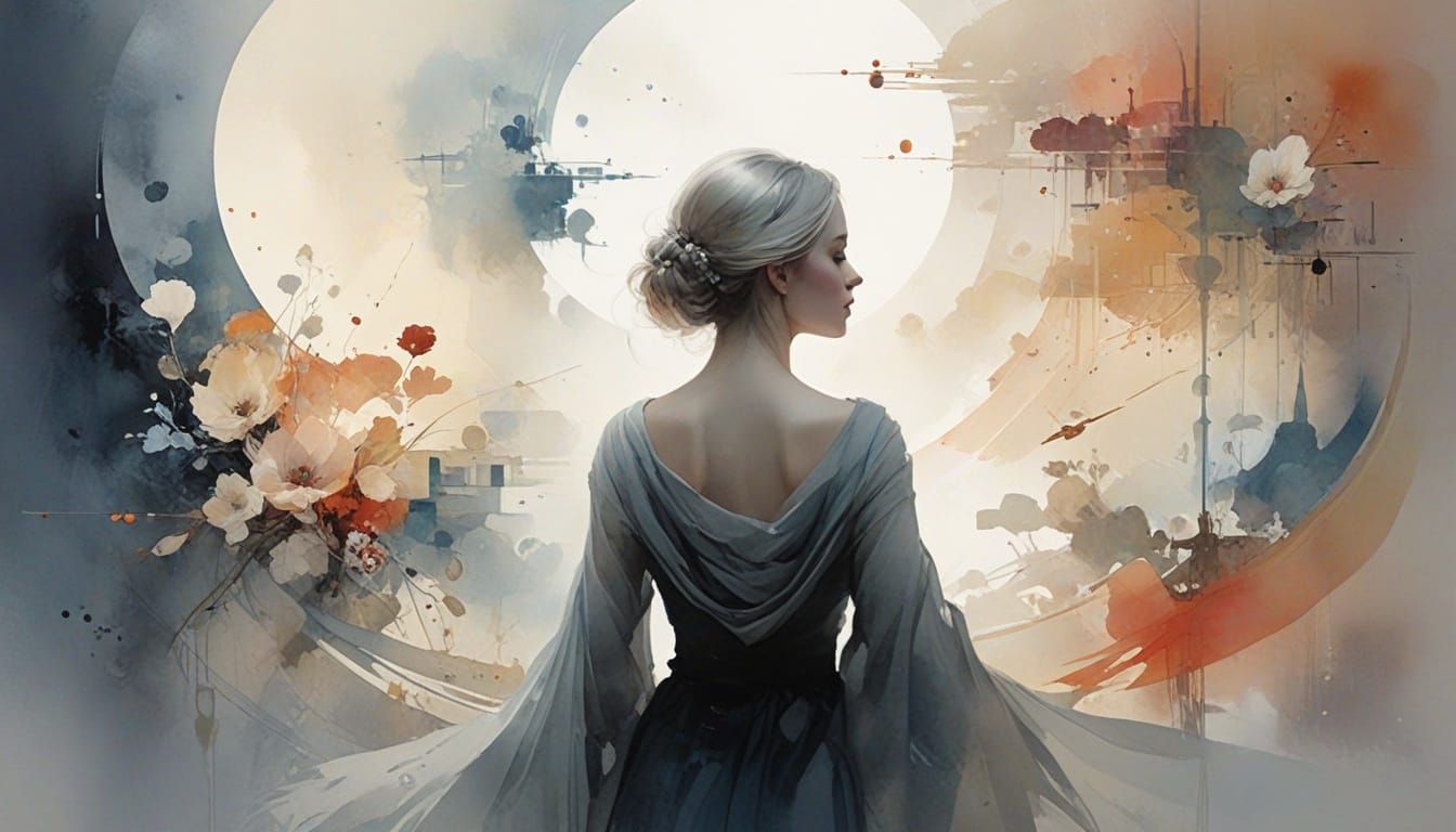 Cosmic Mechanical Abstraction in Watercolor Style