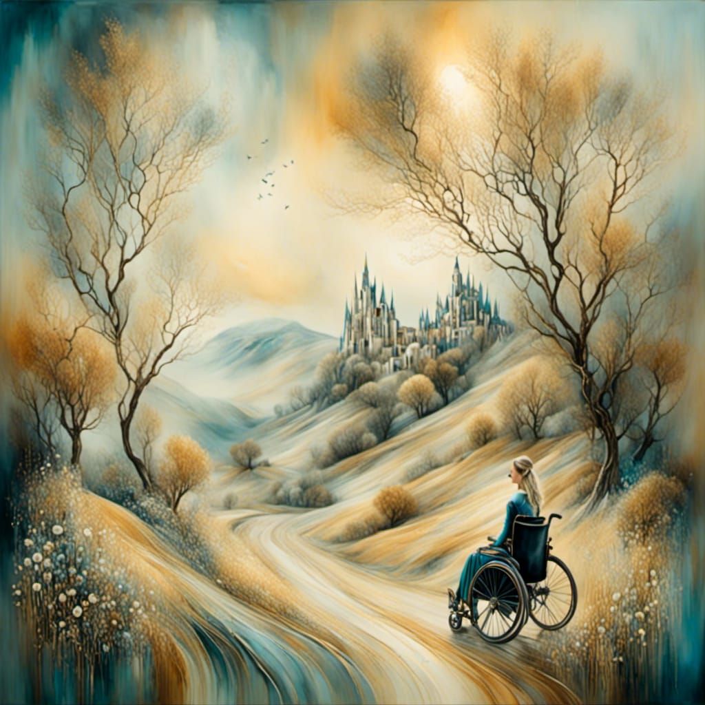 Woman in Wheelchair Dreams in Surrealist Landscape