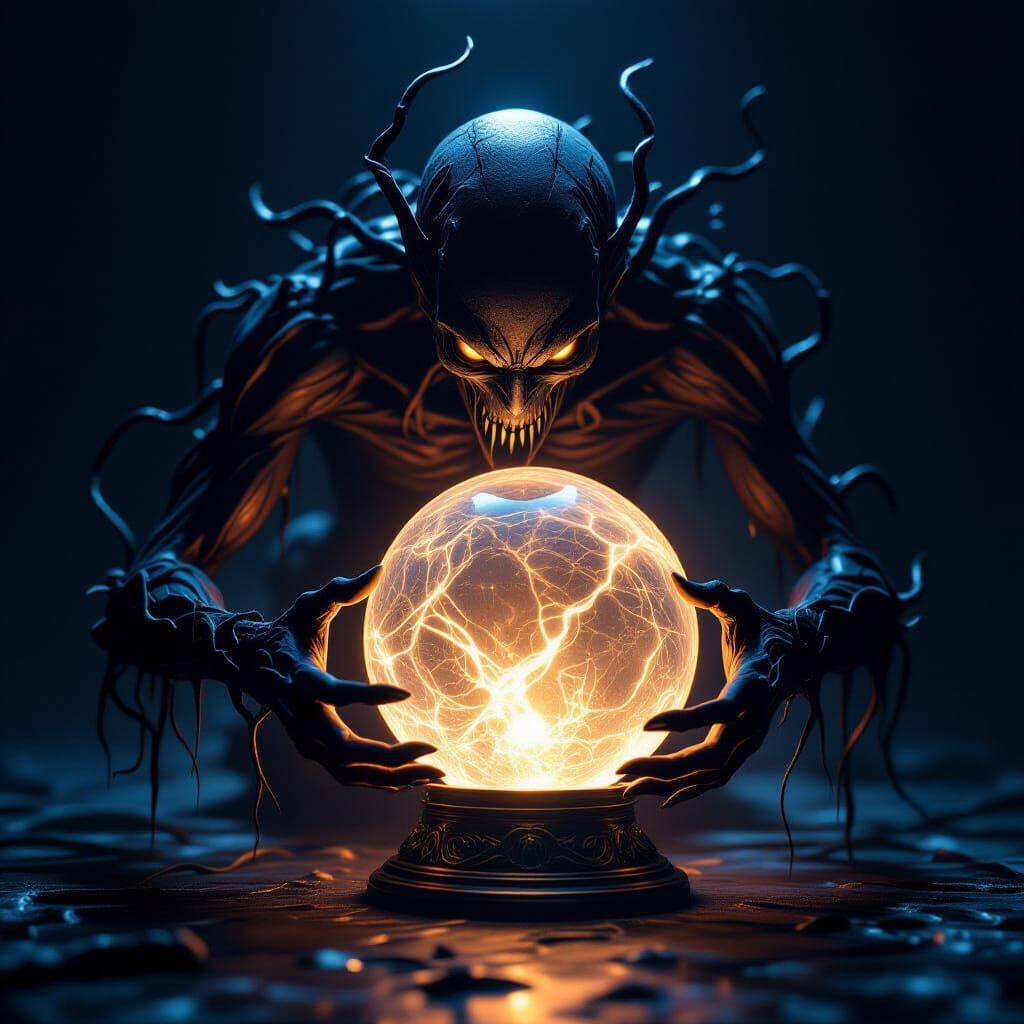 Shadow Creature Whispers Secrets Into Glowing Orb