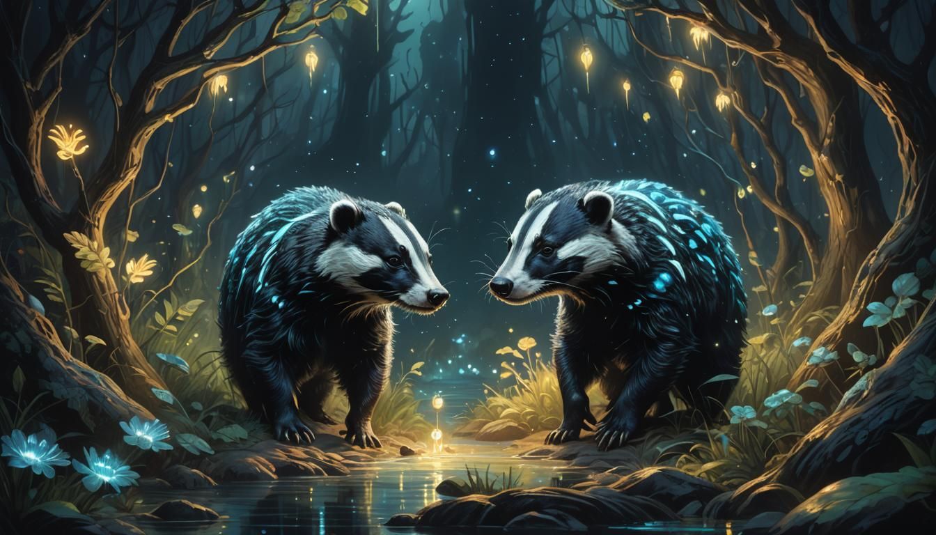 Bioluminescent Fantasy Badger in the Dark