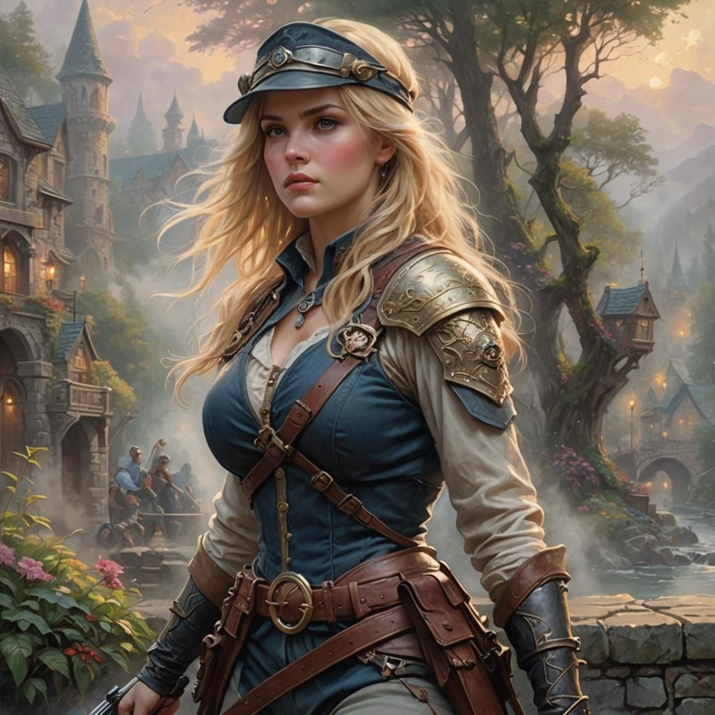 Ethereal Blonde Mercenary in Fantasy Landscape