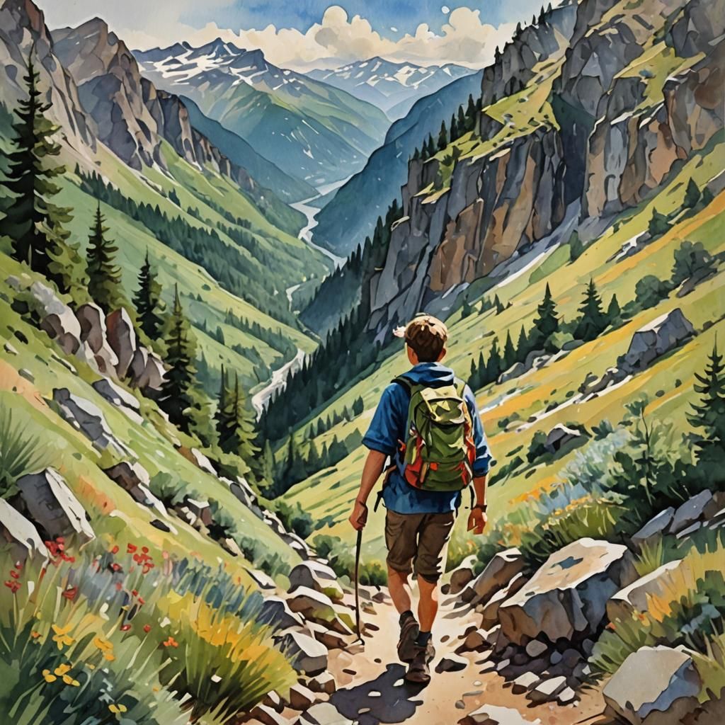 Boy Hiking Mountains in Gouache Watercolor Style