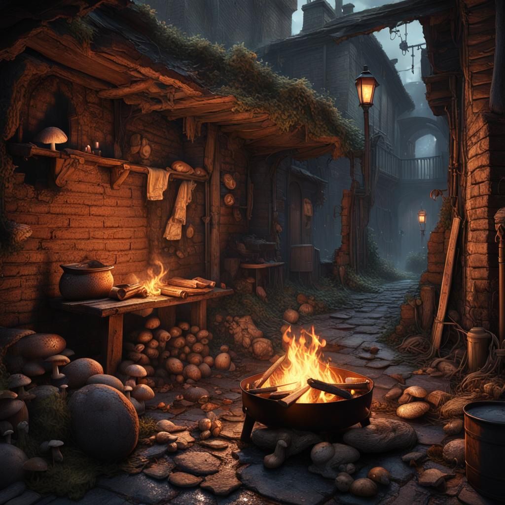Cozy Campfire in Decaying Gothic Alleyway