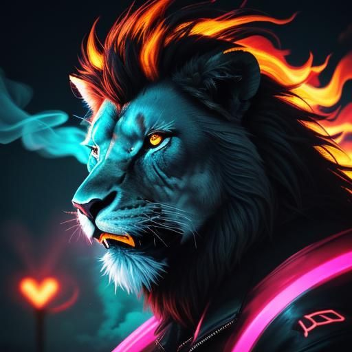 Neon Lion Roaring with Nuclear Energy in Synthwave Style