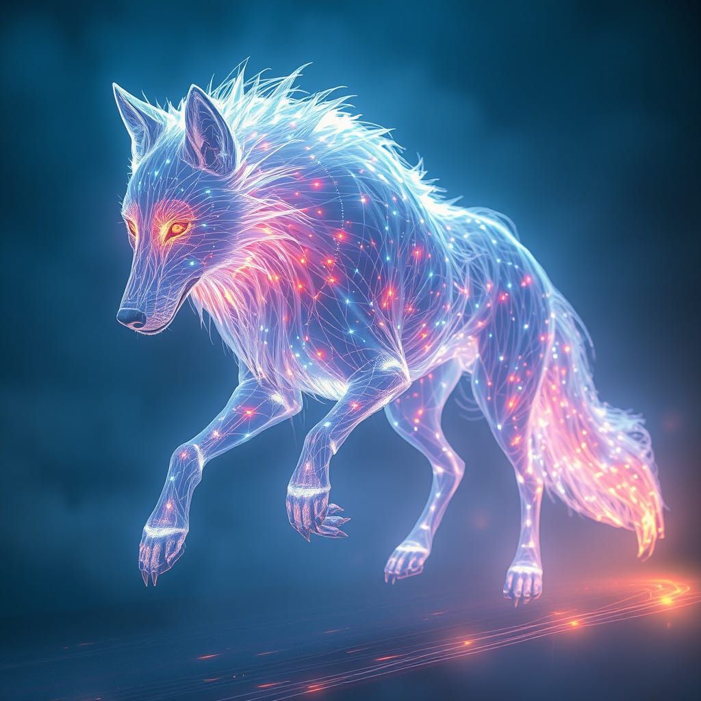 Luminous Wolf Emerges from Ethereal Beams