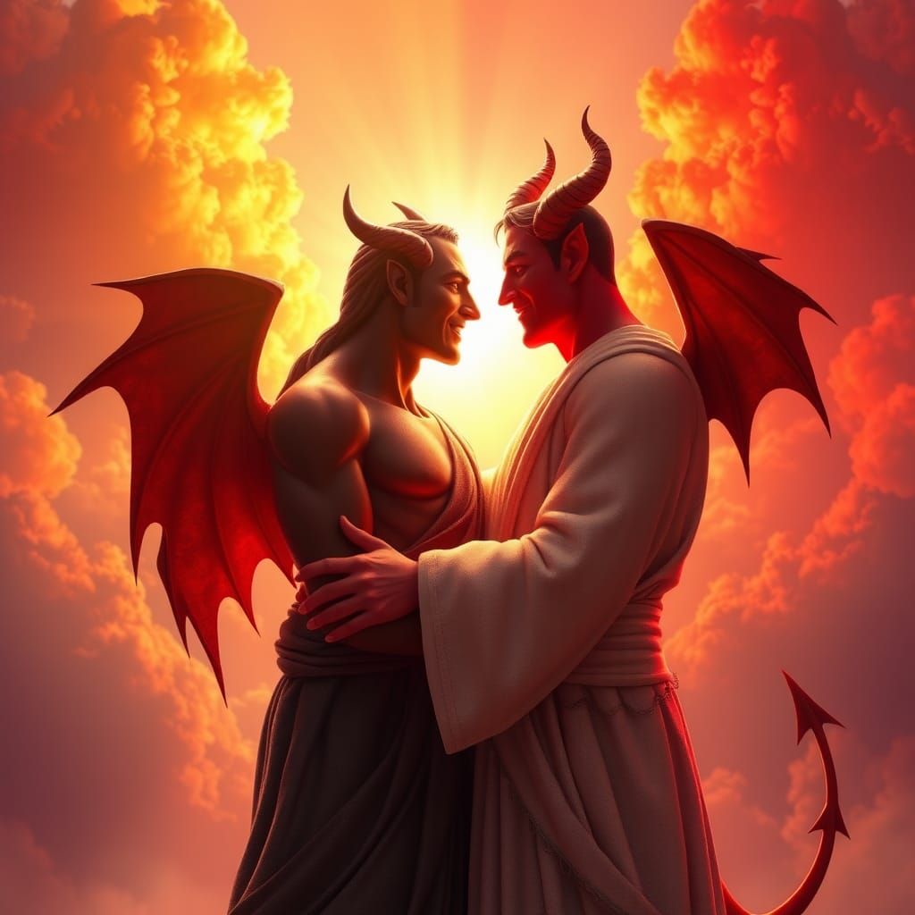 God and Devil Embrace in Golden Light