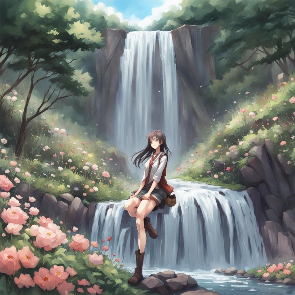 Anime Style Dire Wolf Creek Waterfall Scene