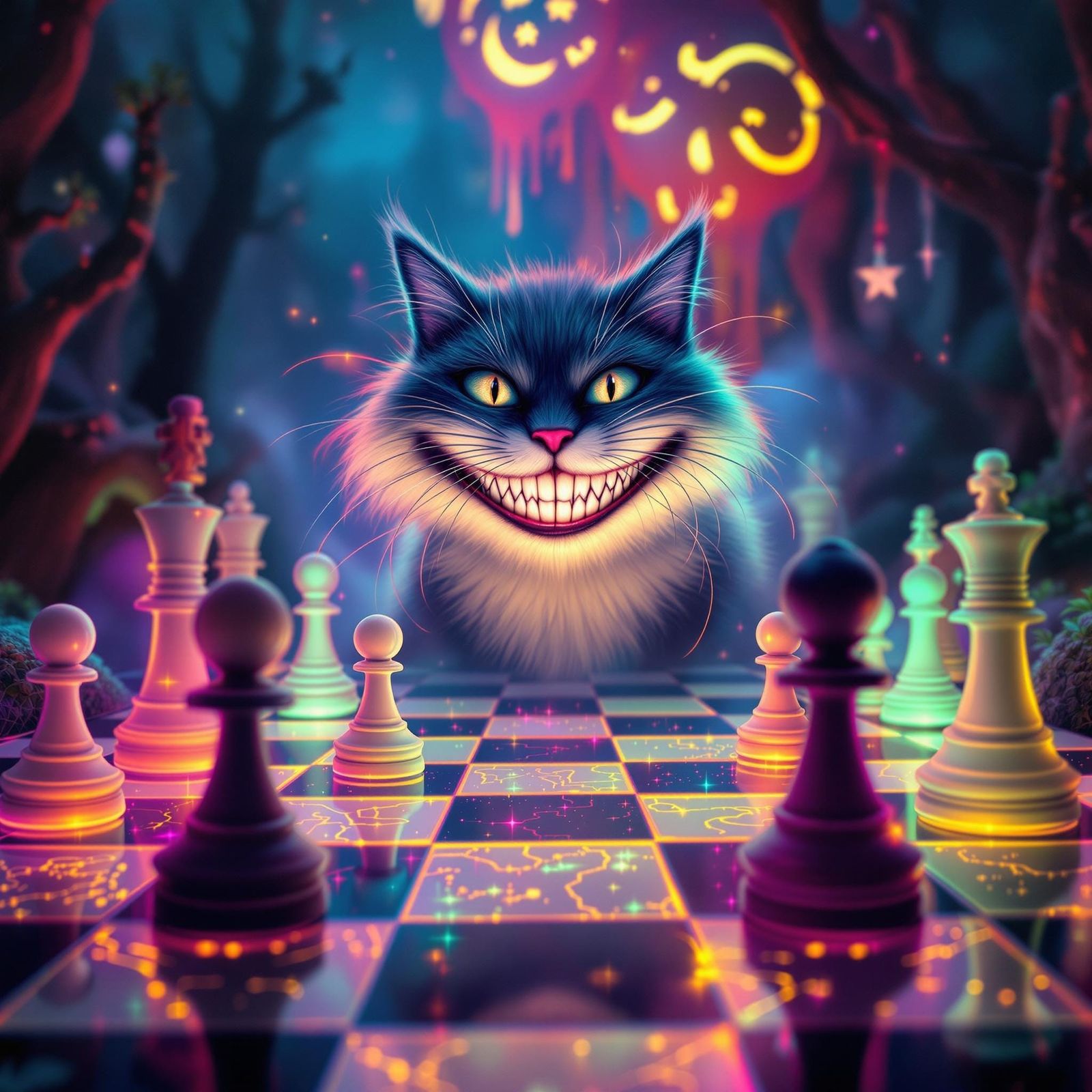 Surreal Chessboard Radiates Ethereal Glow with Cheshire Cat