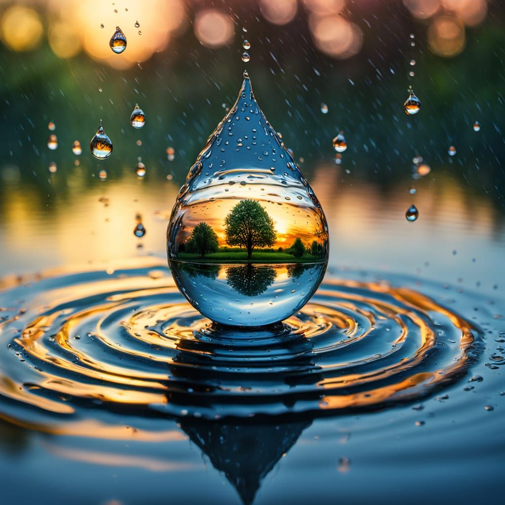 Raindrop Reflecting Sky: Macro Surrealism in Oil