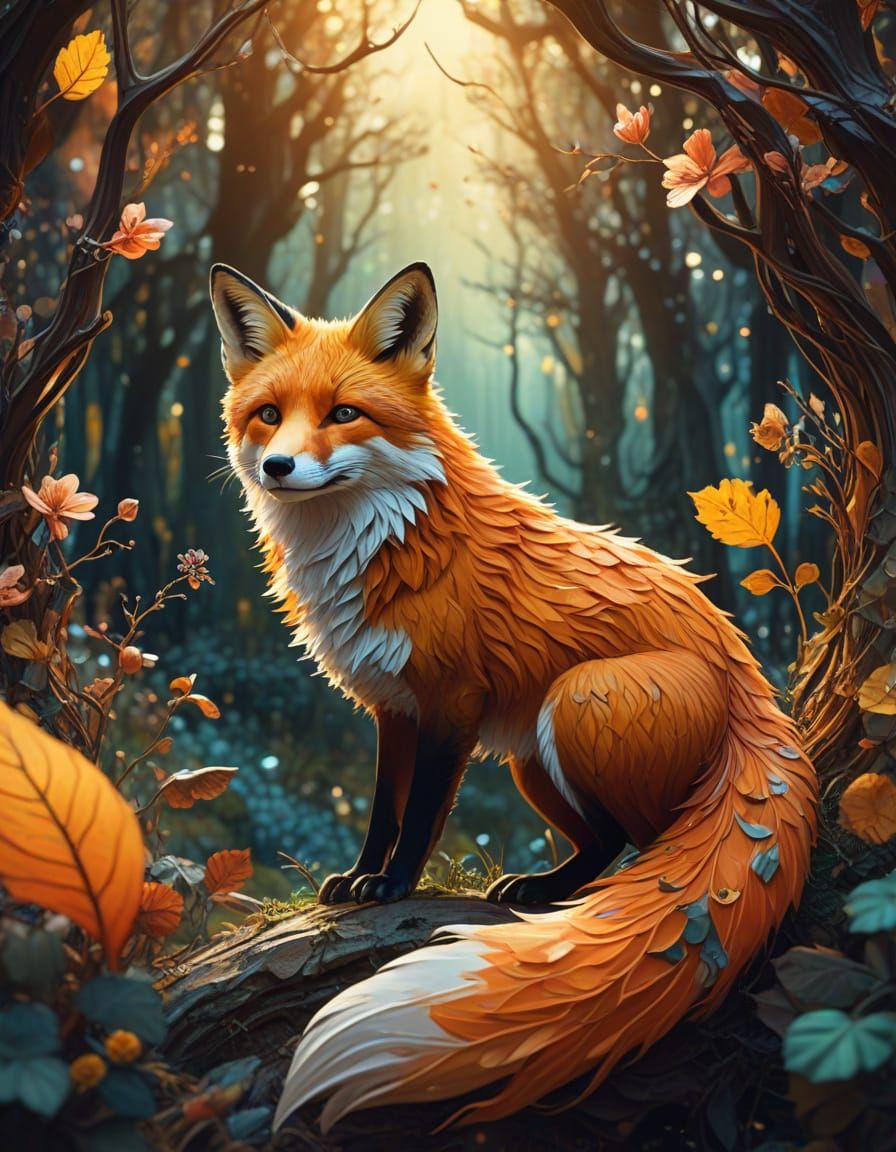 Fox in Magical Forest Art Nouveau Style