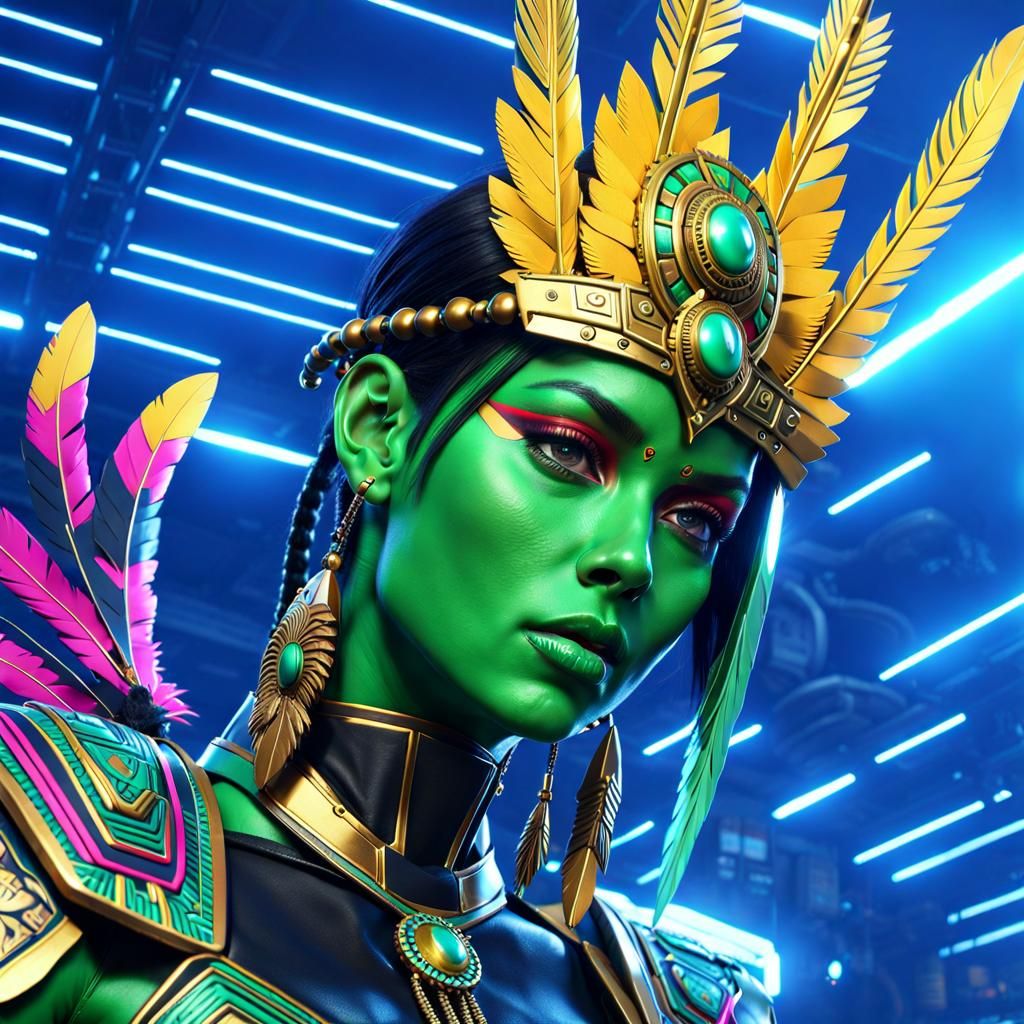 Aztec Battle Sister in Cyberpunk Armor