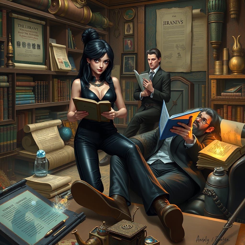 Athena as a Quirky Librarian in Matte Painting Style