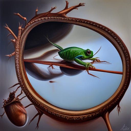 Weird eye summoning cockroach,  oil painting,  demonic apple, hyperdetailed,  mirror with smoking image of frog, hyperre...