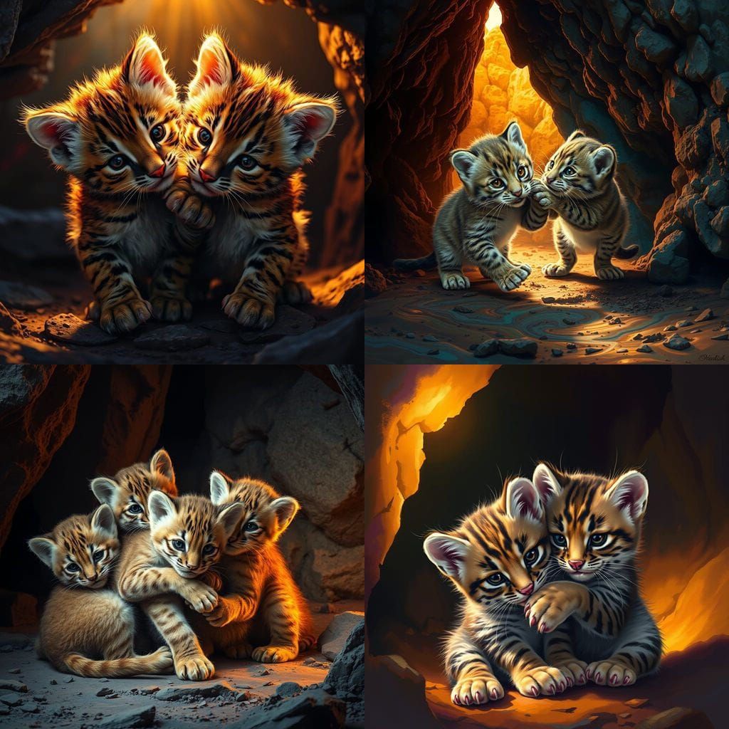 Realistic Wild Cat Cubs in Cave, Hyperrealistic Art