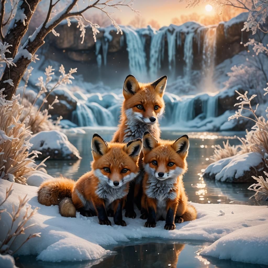 Whimsical Foxes Cuddle in Winter Wonderland