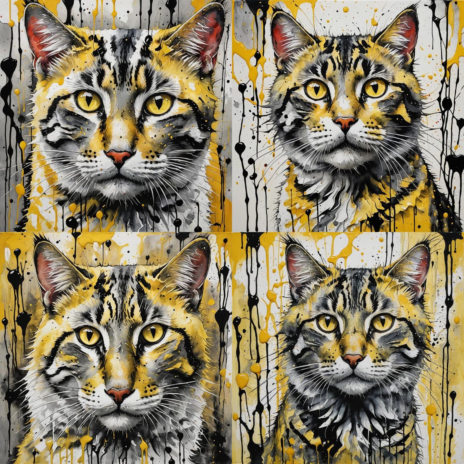 Abstract Oil Painting of Yellow Cat with Watercolor Text