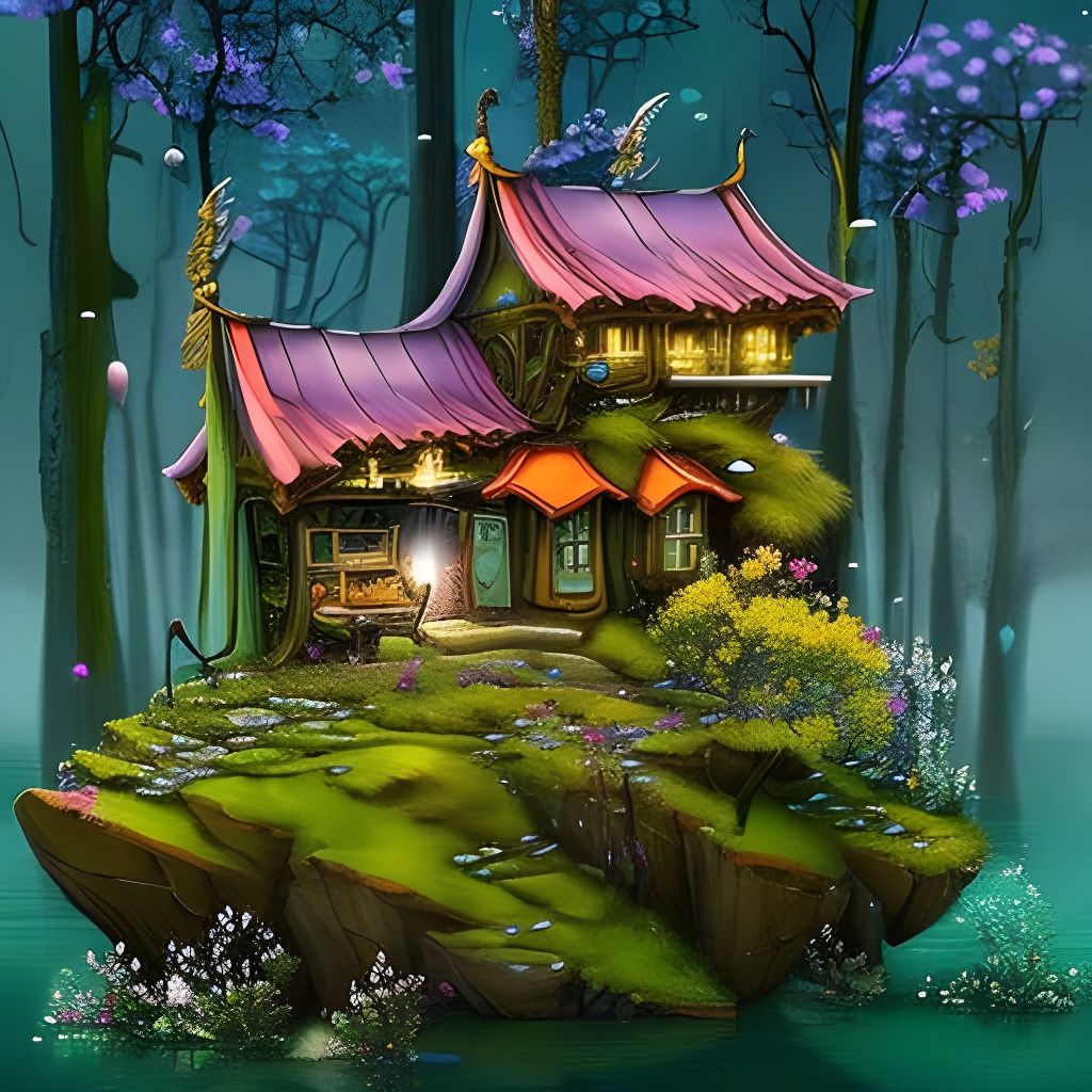 Whimsical Cottage on Bonsai as Detailed Matte Painting