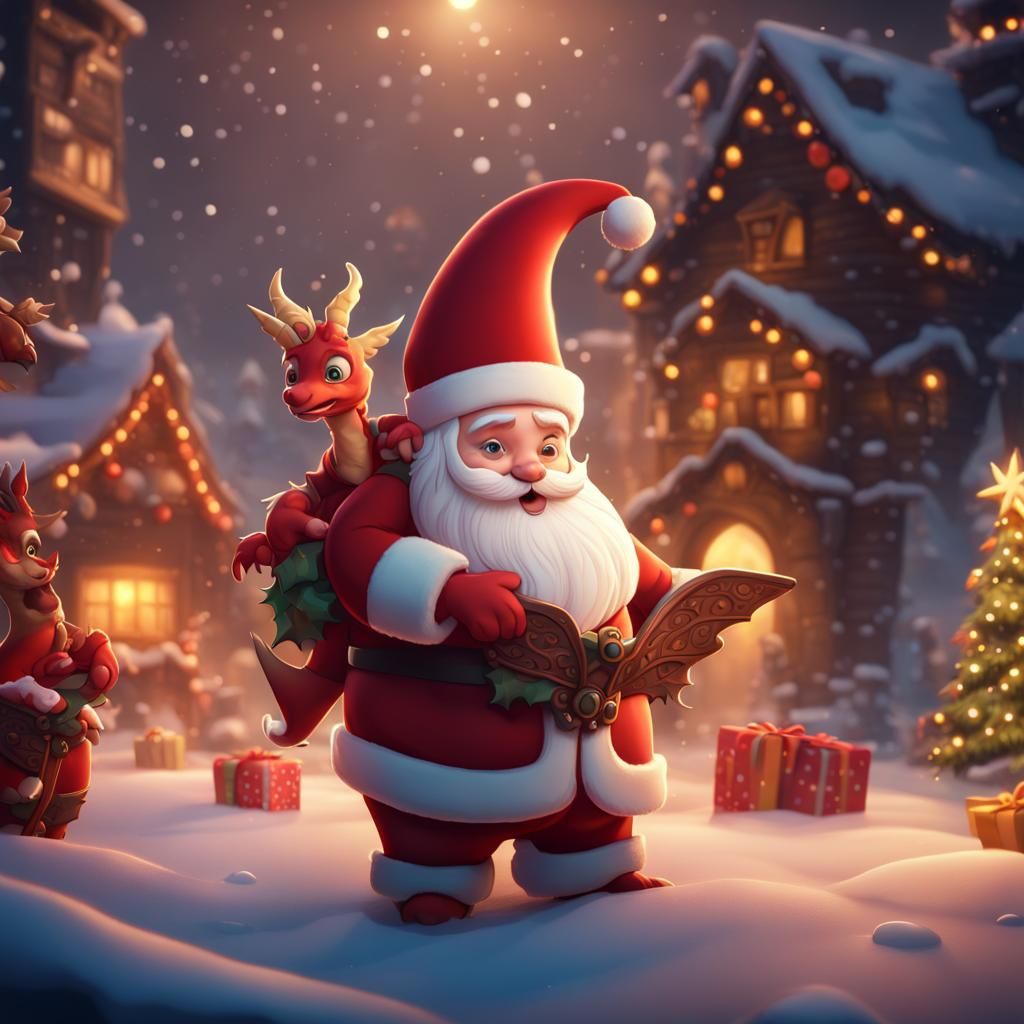 Santa and Baby Dragon Christmas Cartoon