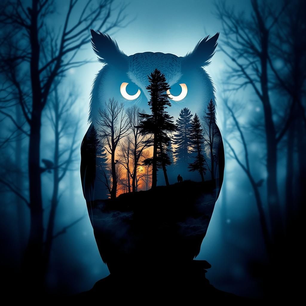 Double Exposure Owl Silhouette in Ethereal Forest