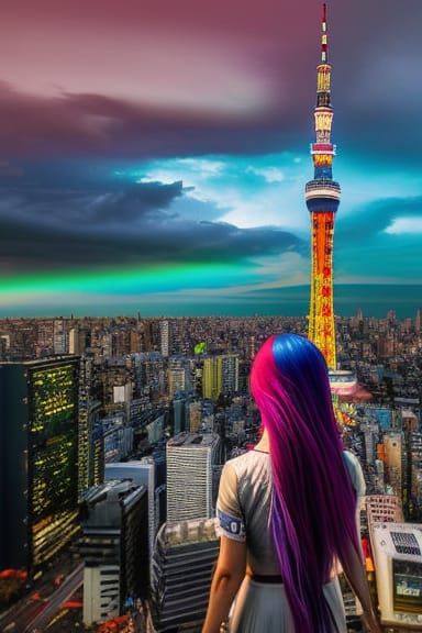 Cyberpunk Woman on Tokyo Skytree Walkway