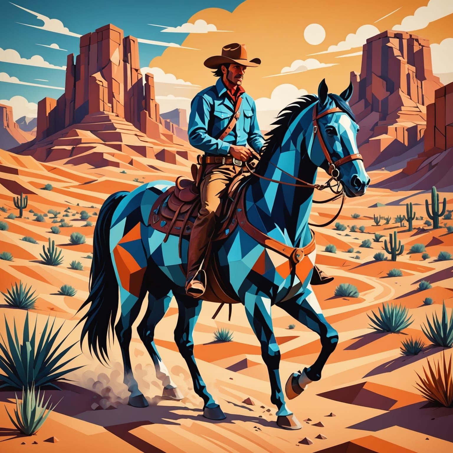 Vibrant Cowboy and Horse in the Desert, Coming Forward in Cu...