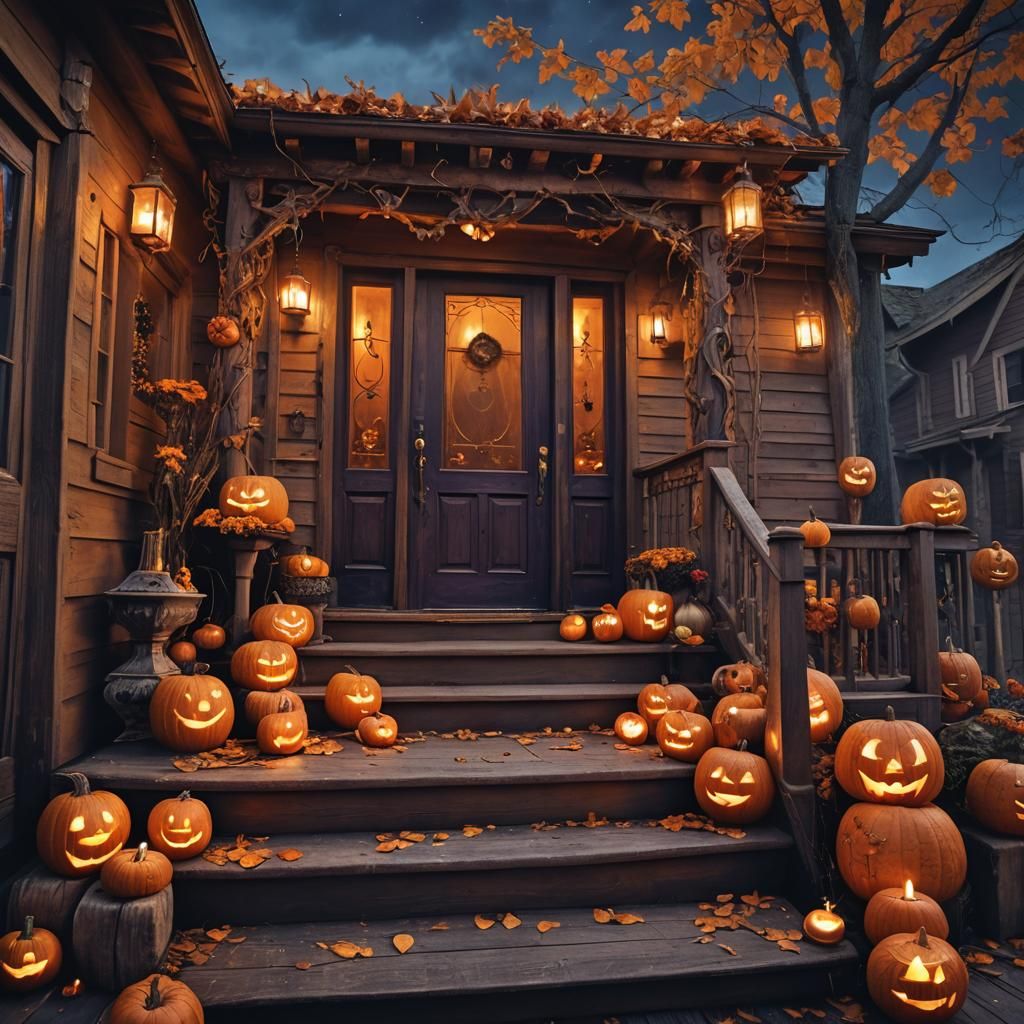 Intricate Jack-o'-Lanterns Ablaze on Wooden Porch
