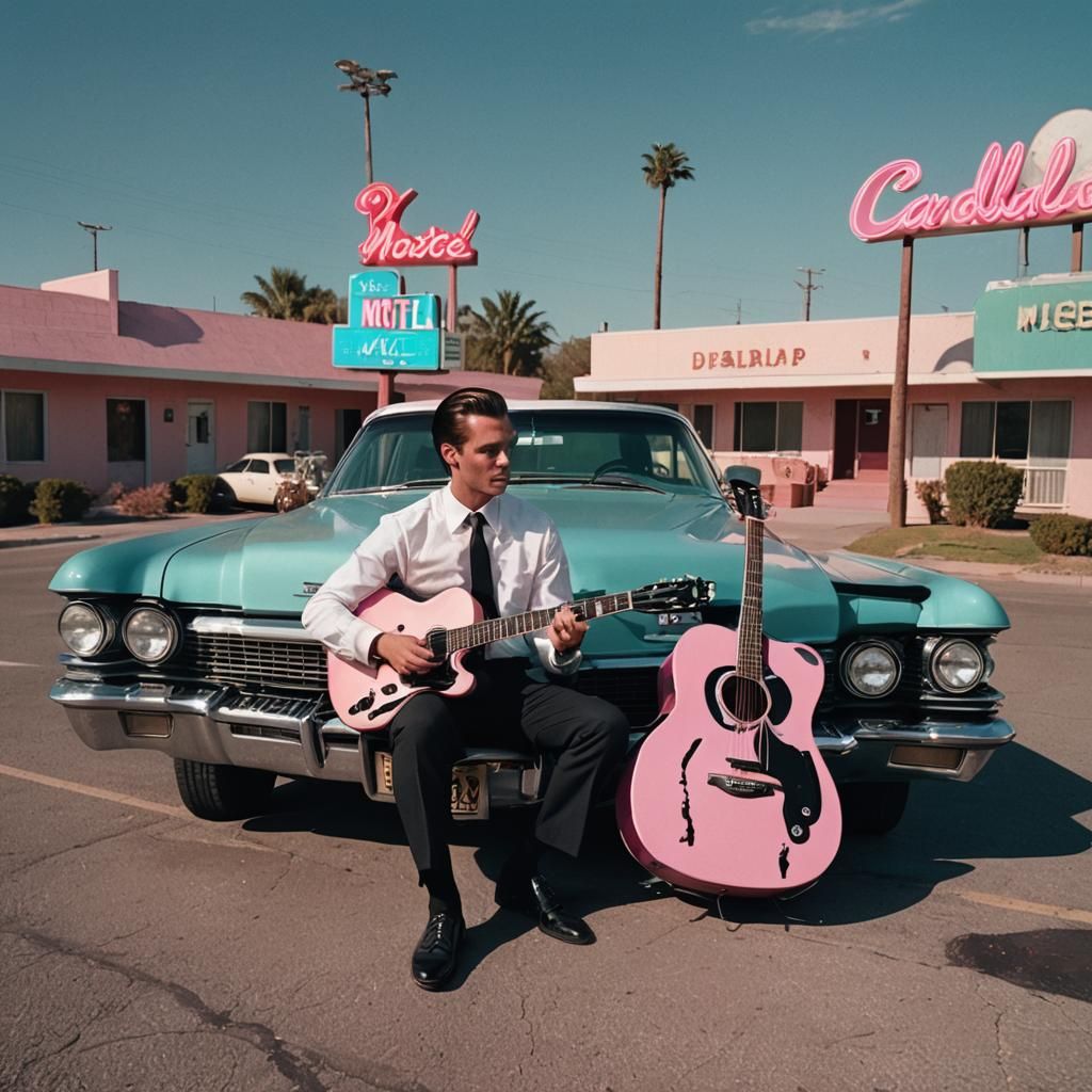1950s Man with Guitar on Cadillac: Cinematic Film Still