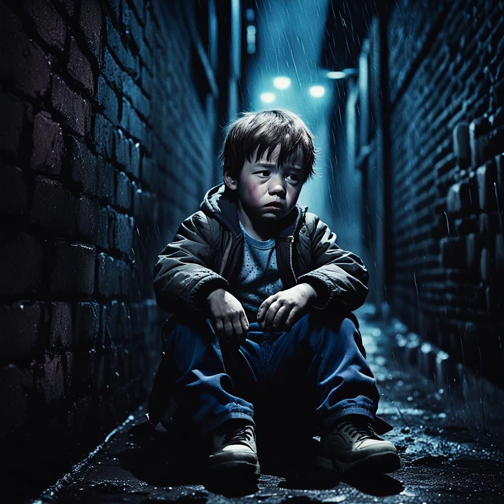 Frightened Child Lost in Dark Alley: Watercolor Art