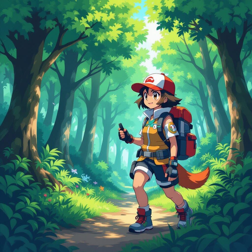 Pokémon Trainer Explores Lush Forest: Anime Meets Realism